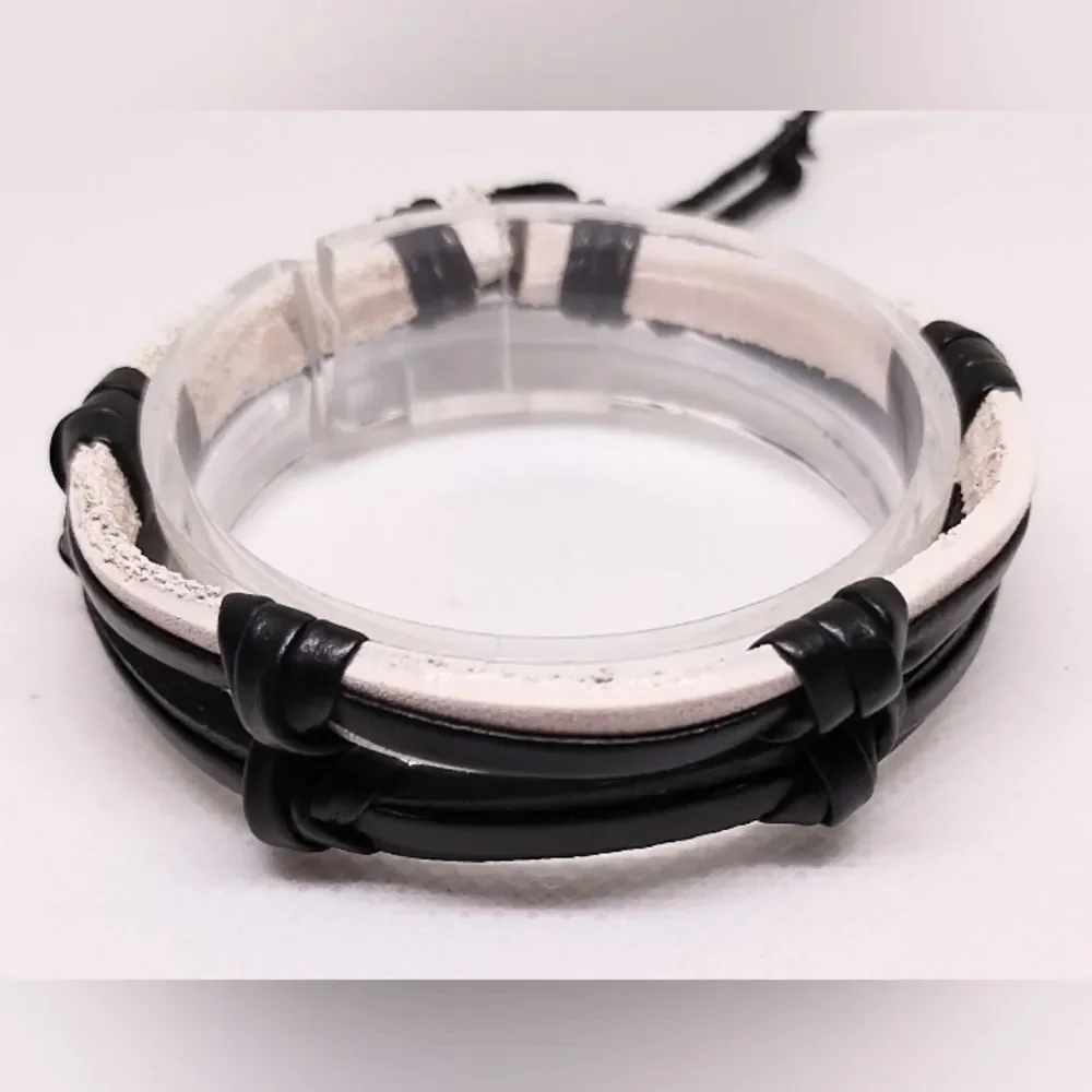 Men's bracelet leather layered‎ black White new e89